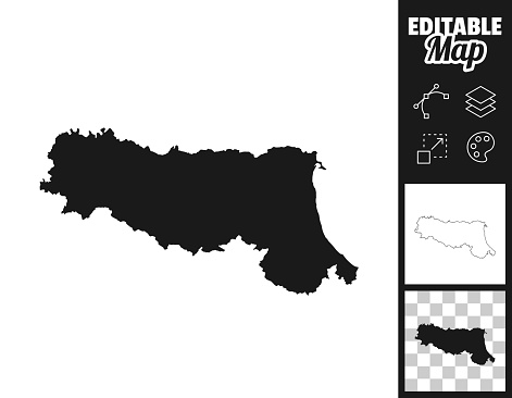 Map of Emilia-Romagna for your own design. Three maps with editable stroke included in the bundle: - One black map on a white background. - One line map with only a thin black outline in a line art style (you can adjust the stroke weight as you want). - One map on a blank transparent background (for change background or texture). The layers are named to facilitate your customization. Vector Illustration (EPS file, well layered and grouped). Easy to edit, manipulate, resize or colorize. Vector and Jpeg file of different sizes.
