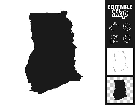 Map of Ghana for your own design. Three maps with editable stroke included in the bundle: - One black map on a white background. - One line map with only a thin black outline in a line art style (you can adjust the stroke weight as you want). - One map on a blank transparent background (for change background or texture). The layers are named to facilitate your customization. Vector Illustration (EPS file, well layered and grouped). Easy to edit, manipulate, resize or colorize. Vector and Jpeg file of different sizes.