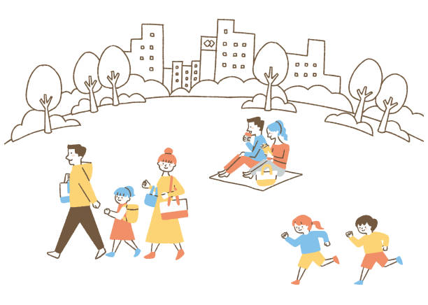 park_color에 모이는 사람들 - two generation family illustrations stock illustrations