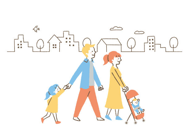 A family of four taking a walk with the background of the city_color Family of 4 strolling with city background _color family drawing stock illustrations