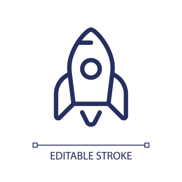 ilustraciones, imágenes clip art, dibujos animados e iconos de stock de icono de interfaz de usuario lineal perfecta de píxel de cohete - cohete espacial