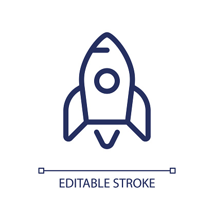 Rocket pixel perfect linear ui icon. Startup success. Launching spacecraft. Space shuttle. GUI, UX design. Outline isolated user interface element for app and web. Editable stroke. Arial font used