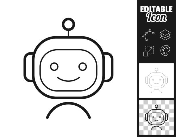 Bot - robot face. Icon for design. Easily editable Icon of "Bot - robot face" for your own design. Three icons with editable stroke included in the bundle: - One black icon on a white background. - One line icon with only a thin black outline in a line art style (you can adjust the stroke weight as you want). - One icon on a blank transparent background (for change background or texture). The layers are named to facilitate your customization. Vector Illustration (EPS file, well layered and grouped). Easy to edit, manipulate, resize or colorize. Vector and Jpeg file of different sizes. robot clipart stock illustrations