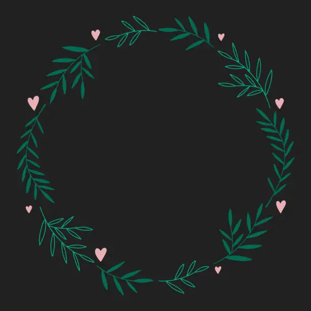 Vector illustration of Floral wreath with leaves and heart.
