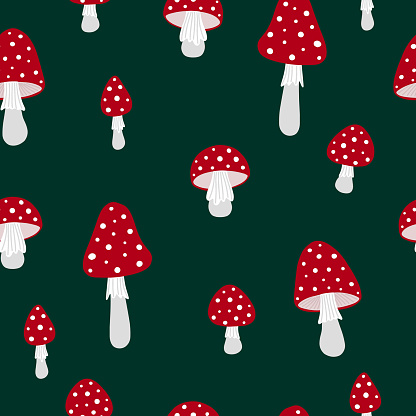 Amanita mushroom. Autumn doodle red mushrooms seamless pattern. Vector illustration on green.