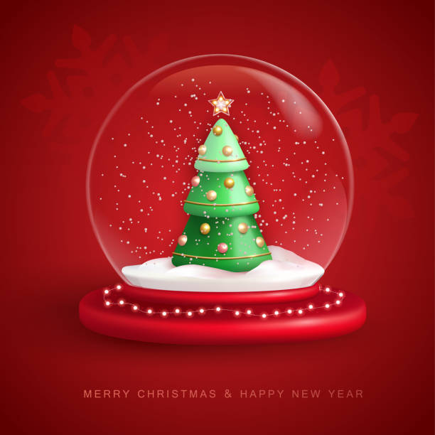 istock Christmas snow globe with 3D plastic Christmas tree. Merry Christmas and Happy new Year holiday greeting card. Vector illustration 1421538244