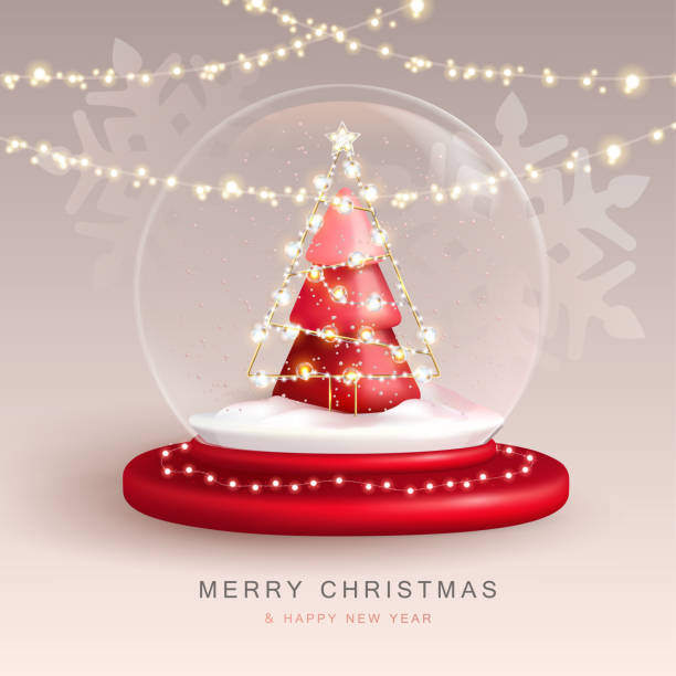 istock Christmas snow globe with 3D plastic Christmas tree. Merry Christmas and Happy new Year holiday greeting card. Vector illustration 1421539325