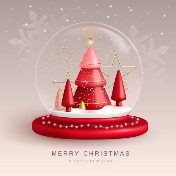 istock Christmas snow globe with 3D plastic Christmas tree. Merry Christmas and Happy new Year holiday greeting card. Vector illustration 1421539437