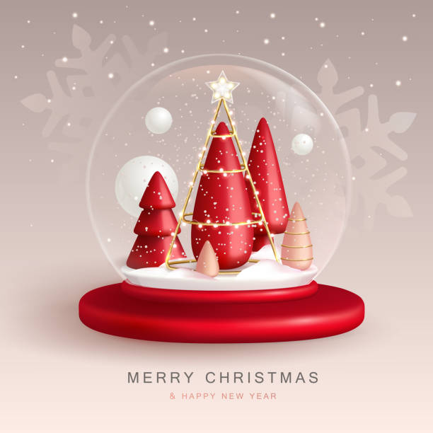 istock Christmas snow globe with 3D plastic Christmas tree. Merry Christmas and Happy new Year holiday greeting card. Vector illustration 1421540215