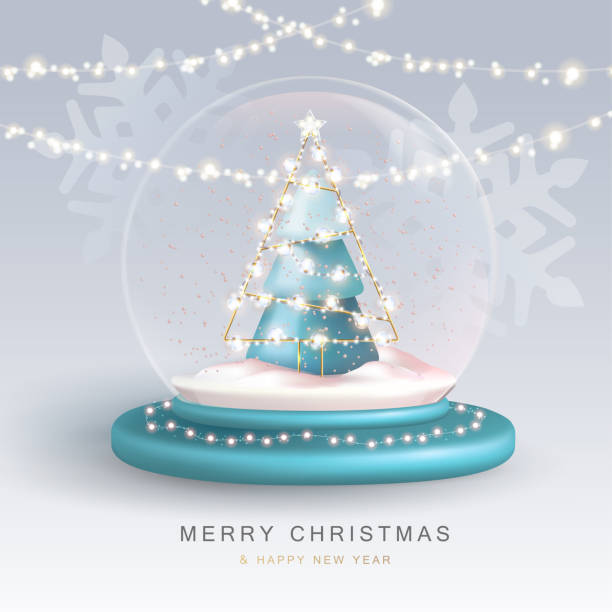 istock Christmas snow globe with 3D plastic Christmas tree. Merry Christmas and Happy new Year holiday greeting card. Vector illustration 1421540349