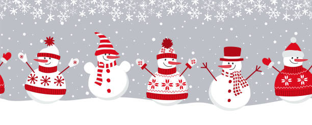 schneemänner freuen sich über winterferien. nahtloser rahmen. weihnachtshintergrund - schneemann stock-grafiken, -clipart, -cartoons und -symbole