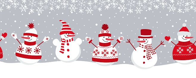 snowmen rejoice in winter holidays. Seamless border. Christmas background. Five different snowmen in red winter clothes under the snow. template for a greeting card. Vector illustration