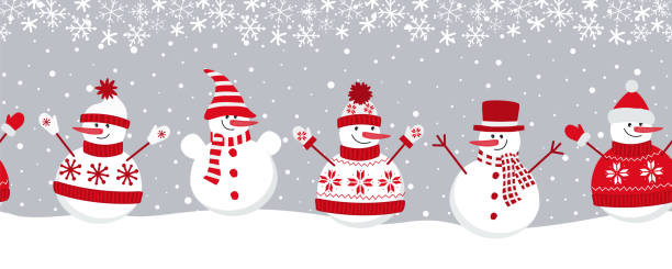 snowmen rejoice in winter holidays. Seamless border. Christmas background snowmen rejoice in winter holidays. Seamless border. Christmas background. Five different snowmen in red winter clothes under the snow. template for a greeting card. Vector illustration snowman stock illustrations