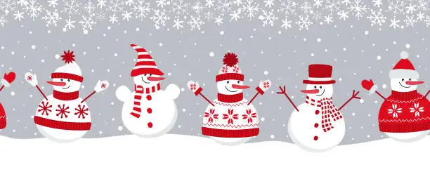 Vector illustration of snowmen rejoice in winter holidays. Seamless border. Christmas background