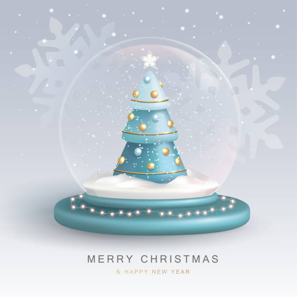 istock Christmas snow globe with 3D plastic Christmas tree. Merry Christmas and Happy new Year holiday greeting card. Vector illustration 1421540389