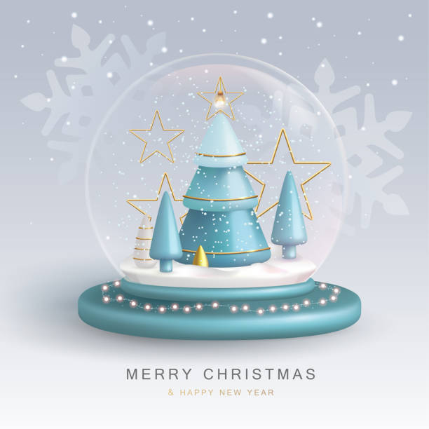 istock Christmas snow globe with 3D plastic Christmas tree. Merry Christmas and Happy new Year holiday greeting card. Vector illustration 1421540536