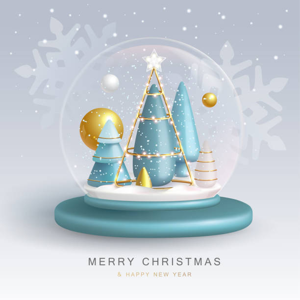 istock Christmas snow globe with 3D plastic Christmas tree. Merry Christmas and Happy new Year holiday greeting card. Vector illustration 1421540658