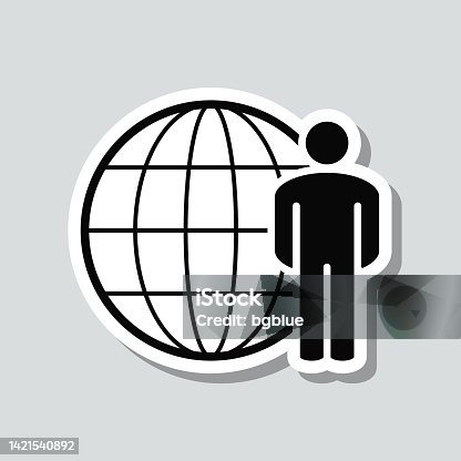 istock Person with globe. Icon sticker on gray background 1421540892