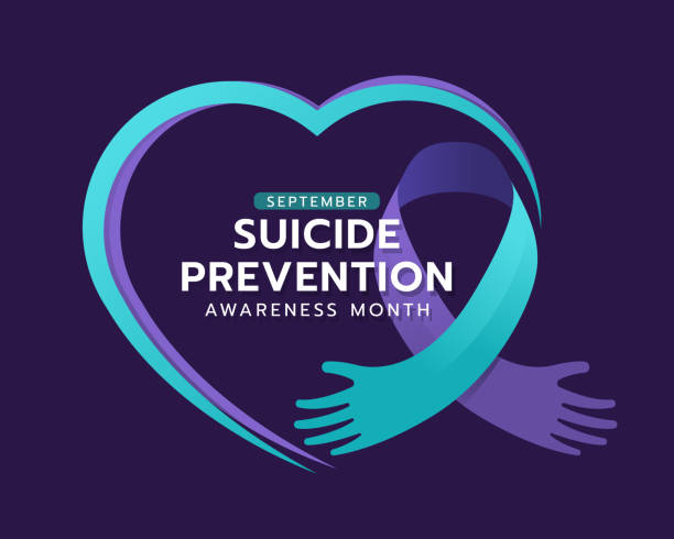 Suicide prevention awareness month text in line heart frame with suicide awareness prevention hand care shape ribbon sign on dark purple background vector design Suicide prevention awareness month text in line heart frame with suicide awareness prevention hand care shape ribbon sign on dark purple background vector design suicide stock illustrations