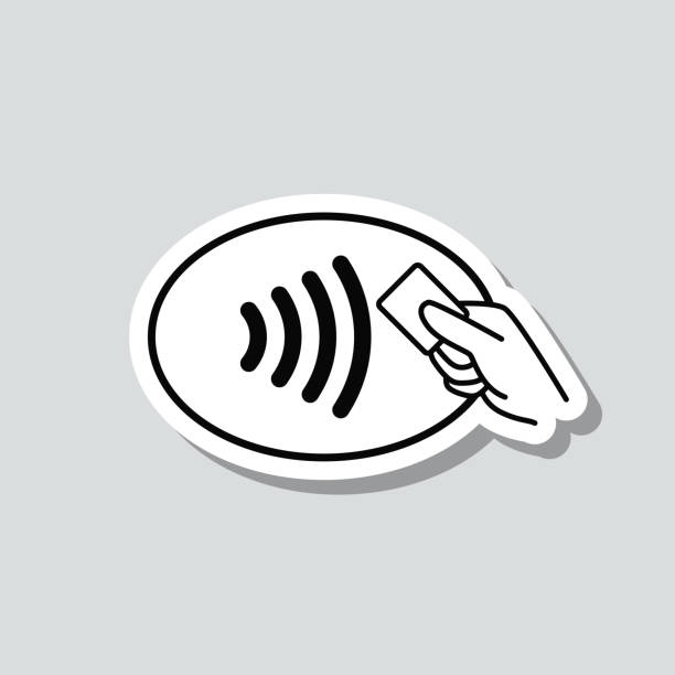 Contactless payment. Icon sticker on gray background Icon of "Contactless payment" on a sticker with a drop shadow isolated on a blank background. Trendy illustration in a flat design style. Vector Illustration (EPS file, well layered and grouped). Easy to edit, manipulate, resize or colorize. Vector and Jpeg file of different sizes. credit card paying banking business stock illustrations