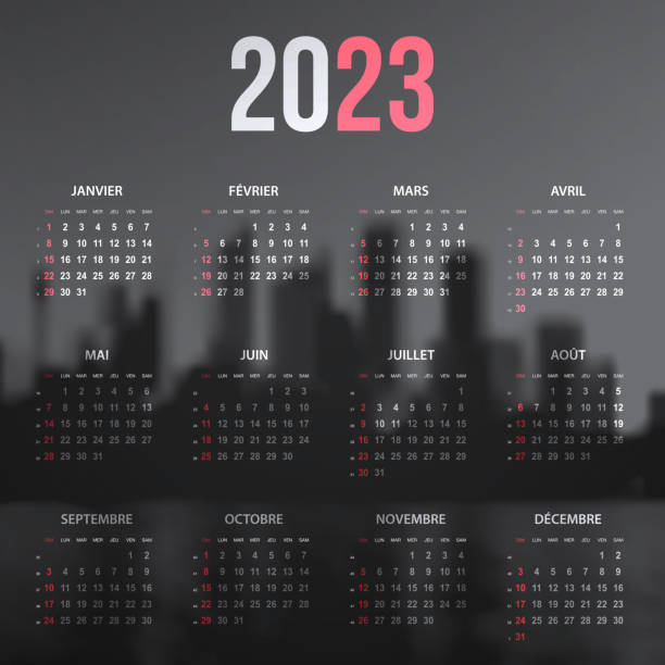 французский календарь 2023 на горизонте города в черно-белом цвете - city urban scene planning black and white stock illustrations