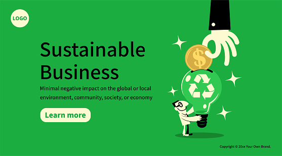 Characters Design Vector Art Illustration.
Slide or landing page layout.
In the concept of sustainable business, growing clean Eco Earth fund, and environmental protection, a big hand gives a dollar sign coin to a businessman's big idea light bulb with a recycling symbol.