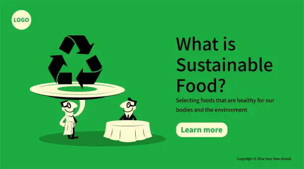 Vector illustration of In the concept of sustainable food and environmental protection, a smiling waiter is serving food (a huge plate with a big recycling symbol on it) to the customer sitting at a table