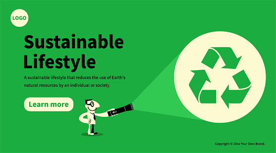 Characters Design Vector Art Illustration.
Slide or landing page layout.
In the concept of sustainability and environmental protection, a businessman shines a flashlight and looks at a recycling symbol.