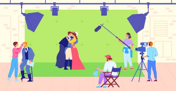 Historical movie. Filmmaking medieval film adaptation, actor role in history romantic scene love drama, hollywood cinema production studio video concept, swanky vector illustration Historical movie. Filmmaking medieval film adaptation, actor role in history romantic scene love drama, hollywood cinema production studio video concept, swanky vector illustration of filmmaker movie tripod attack stock illustrations