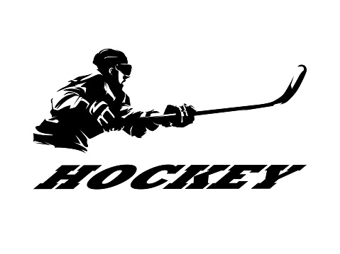 Ice hockey player shooting puck, isolated vector silhouette. Ink drawing. Hockey logo
