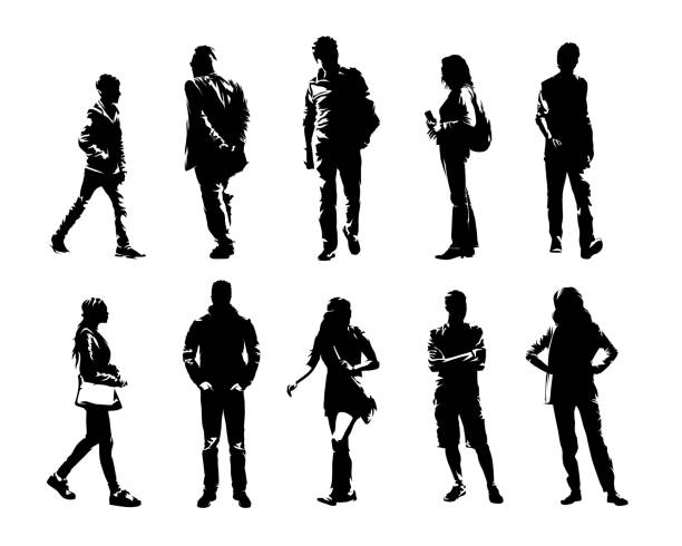 Group of different people. Young child, adult, senior. Men and women. Silhouettes of people in different poses vector art illustration