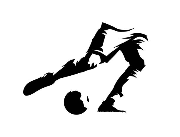 fußballspieler tritt ball, beine und ball, tuschezeichnung. isolierte vektorsilhouette - soccer vector silhouette professional sport stock-grafiken, -clipart, -cartoons und -symbole