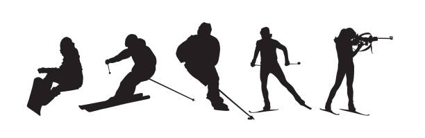 ilustrações de stock, clip art, desenhos animados e ícones de winter sports silhouettes. set od isolated vector icons. active people - slalom skiing