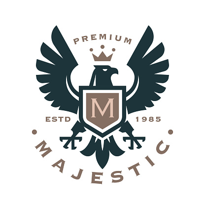 Majestic eagle crest icon. Hawk shield monogram. Falcon heraldry symbol. Luxury brand label. Royal heraldic bird with crown emblem. Vector illustration.