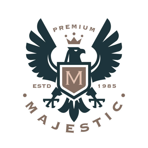 Eagle crest monogram icon Majestic eagle crest icon. Hawk shield monogram. Falcon heraldry symbol. Luxury brand label. Royal heraldic bird with crown emblem. Vector illustration. spread wings stock illustrations