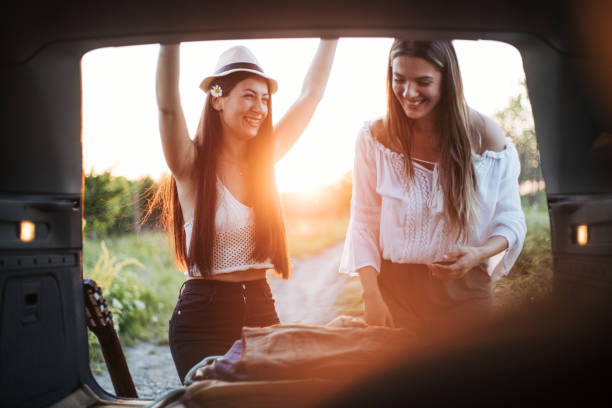 Two female friends going on road trip