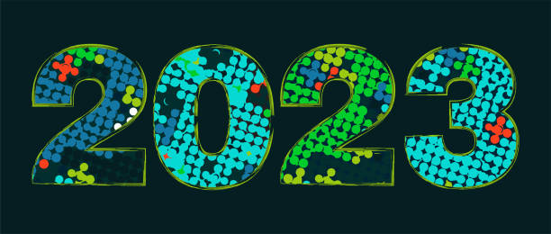 istock 2023 New Year. Color Halftone dotted grunge decorative numbers. 1421551428