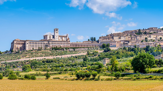 A landscape with the Sacred Convent and the Basilica di San Francesco in the medieval town of Assisi in Umbria