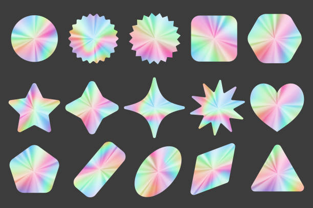 istock Holographic stickers set. Silver label gradient stamps. Metal texture badges. Iridescent rainbow foil in different geometric shapes. Vector neon emblems. 1421552947