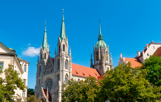 The Church of St. Paul or Paulskirche near the Theresienwiese in Munich in good weather and blue skies