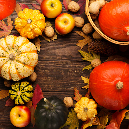 Autumn holiday composition. Dried leaves, pumpkins, apples, nuts and cinnamons on dark rustic wooden background. Autumn, fall, thanksgiving day concept, copy space.