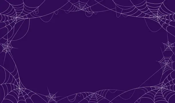 Vector illustration of Happy Halloween banner vector illustration, Halloween cobweb board decoration, spooky scary spider web on dark purple orange background with copy space, Autumn holiday decorating celebration.