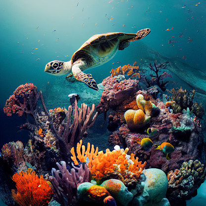 Underwater scene with a Sea Turtle calmly swimming over a patch of colorful coral.