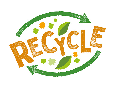 Vector Illustration of a Beautiful and Modern Eco Sticker Recycle Sign With Arrows And Nature Elements with Grunge Texture