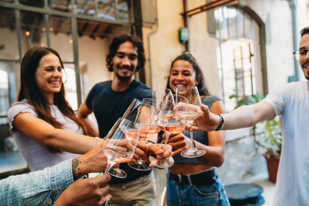 Friends are having a celebratory toast together during a party stock photo
