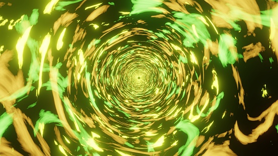 Illustration of abstract sci-fi colorful random patterns motion graphics in a circular shape.