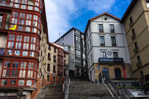 Bilbao, Spain - February 13, 2022: Old town of the city of Bilbao with its typical buildings, Basque Country, Spain.