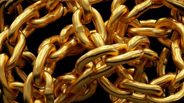 istock 3d render, abstract background with tangled golden chains, shiny metallic texture, unique wallpaper 1421561827