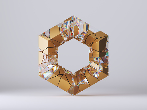 3d render, abstract geometric hexagon shape, gold and crystal glass mosaic pieces, cracked surface with hole. Split object isolated on white background. Minimal design