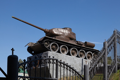 Soviet tank of the times of the Second World War T-34, stands on a pedestal.